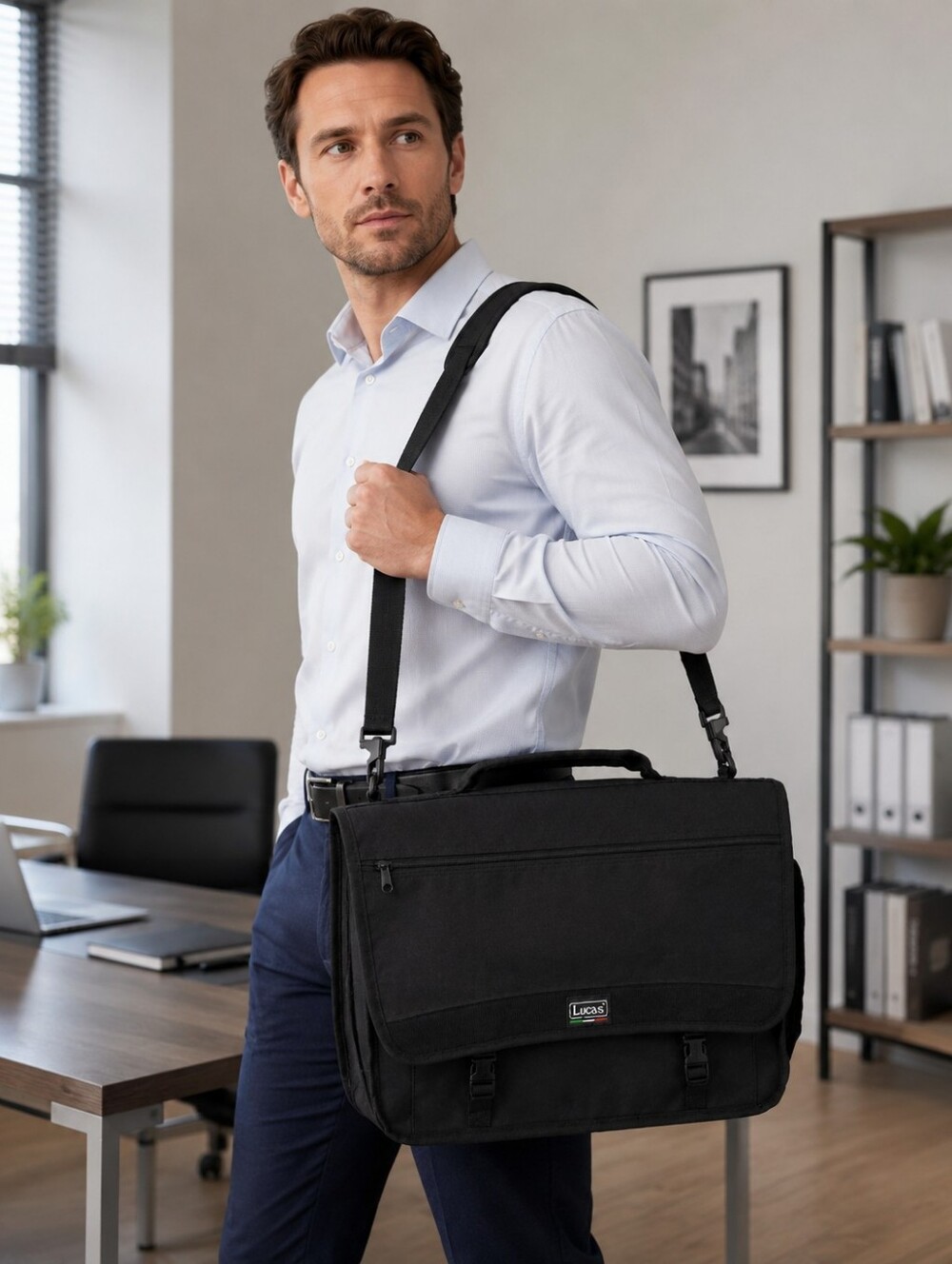 Lucas Large Black Laptop Messenger Bag Carryall Briefcase